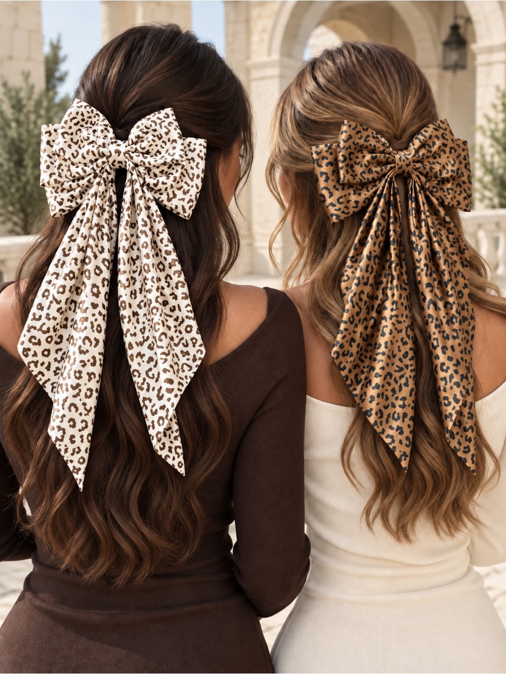 Set of 2 Oversized Leopard Print Long Tail Hair Bows Ivory & Camel
